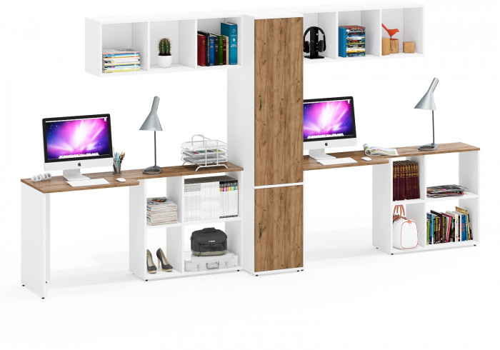 Лидер-8 Стол + Полка + Стол + Полка + Пенал МД 23Б, цвет белый шагрень/крафт золото, ШхГхВ 370х50х75/190 или 230х120/50х75/190 см., НЕ ун. сборка