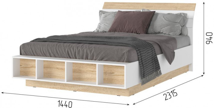 САНСА КР-01 Кровать 1.4х2.0 Фасад ДУБ СОНОМА/Корпус БЕЛЫЙ,ДУБ СОНОМА