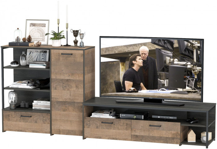 Трувор 13.70 Тумба под ТВ + 13.307.01 Комод, цвет дуб гранж песочный/интра, ШхГхВ 258,8х45,4х106,9 см., универсальная сборка