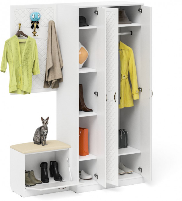 Прихожая П-6 Компоновка № 47, цвет белая шагрень/фасады МДФ белое дерево фрезеровка ромб, ШхГхВ 150х50х210 см., универсальная сборка