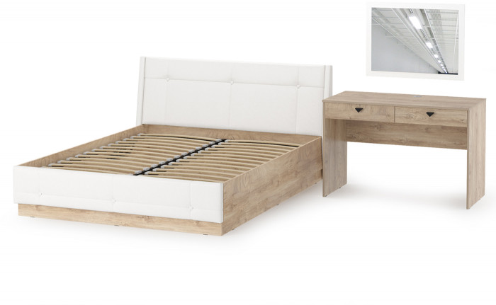 Муссон Кровать 11.28 + подъёмный ортопед + Бостон 12.69 + Зеркало СВК, цвет белый/дуб эндгрейн элегантный/кожзам белый, сп. м. 1600х2000 мм., б/м