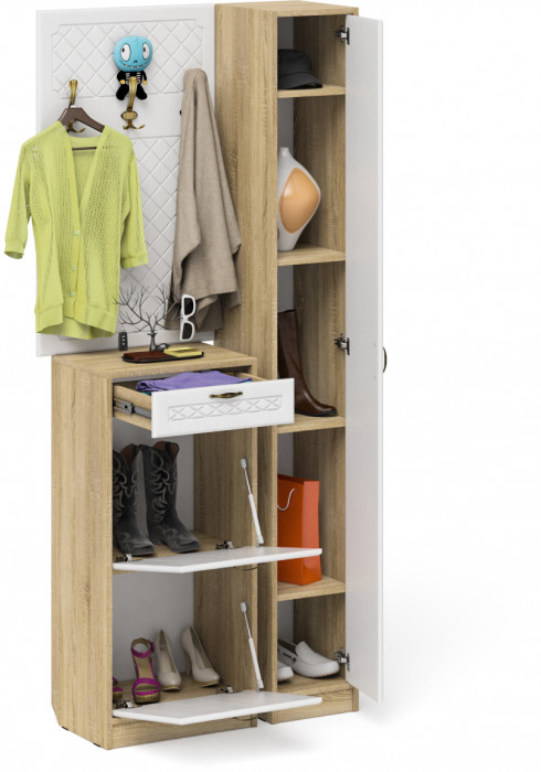 Прихожая П-6 Компоновка № 24, цвет дуб сонома/фасады МДФ белое дерево фрезеровка ромб, ШхГхВ 90х35х210 см., универсальная сборка