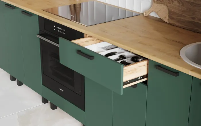 Кухня Техно 3,0/1080м Компоновка №2, Крафт золотой/Браш мени грин