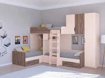 Трехместная кровать ТРИО/2 Дуб молочный/Орех