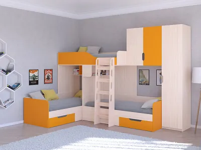 Трехместная кровать ТРИО/2 Дуб молочный/Оранжевый