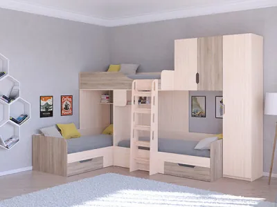 Трехместная кровать ТРИО/2 Дуб молочный/Сонома