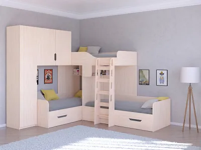 Трехместная кровать ТРИО/1 Дуб молочный/Дуб Молочный