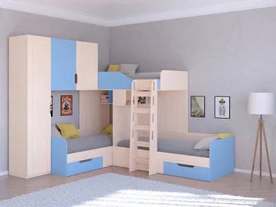 Трехместная кровать ТРИО/1 Дуб молочный/Голубой