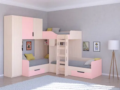 Трехместная кровать ТРИО/1 Дуб молочный/Розовый