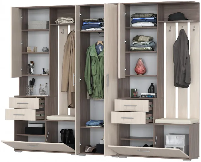 Прихожая Домино 3, цвет бодега тёмный/бодега светлый, ШхГхВ 260х36х202 см., универсальная сборка