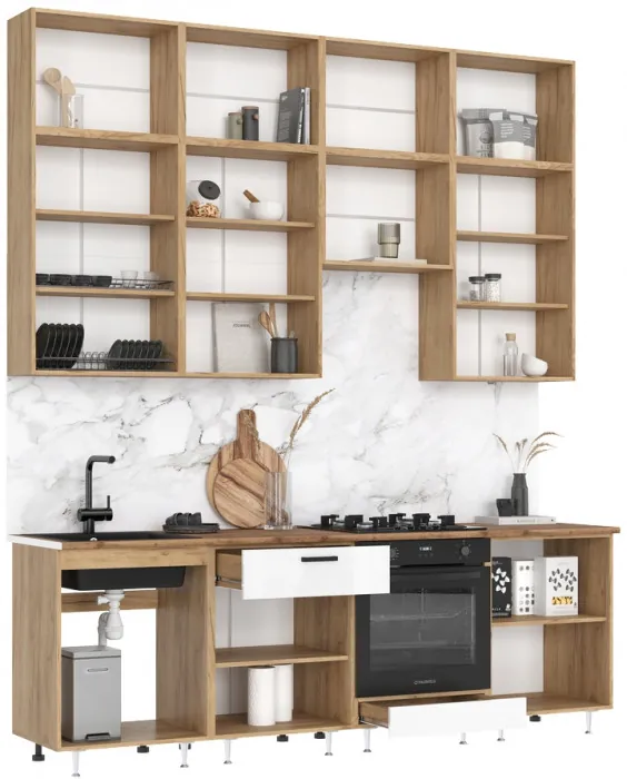 ЛДСП Кухня Рио NEW 2,4м, Компановка №3, Белый глянец, Дуб Крафт (Дуб вотан)