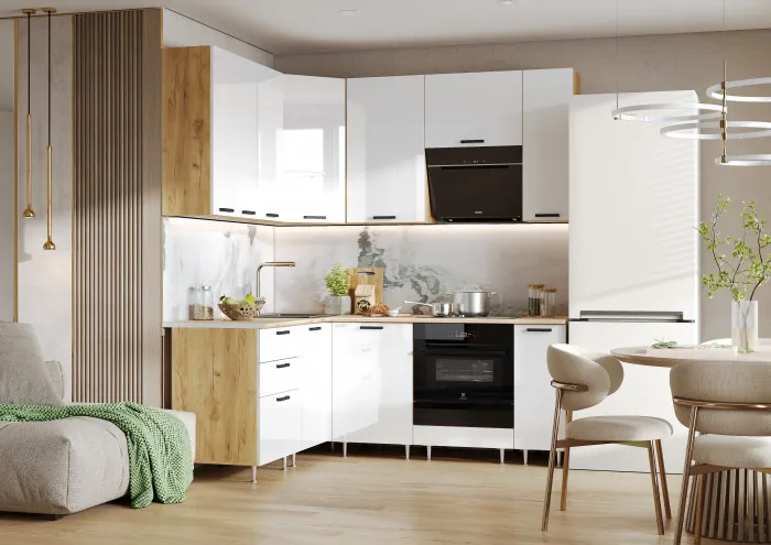 Кухня Рио NEW ЛДСП 1,6х2,0/900м (490), Компановка №2, Крафт/Белый глянец