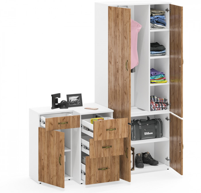 Лидер-8 Шкаф МД 20Б + Тумба МД 3.15 + Тумба МД 3.16, цвет белый шагрень/крафт золото, ШхГхВ 160х50х190 см., НЕ универсальная сборка