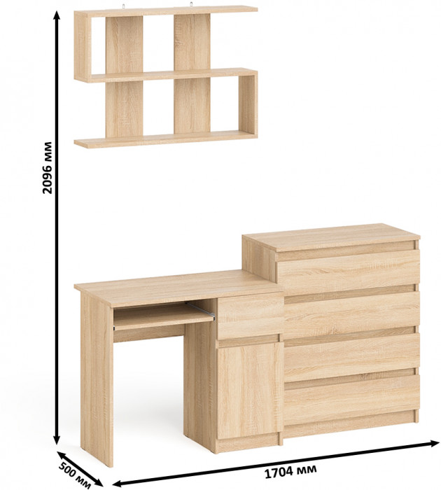 Мори Стол компьютерный МС-1 правый + Комод МК800.4 + Полка 900, цвет дуб сонома, ШхГхВ 170,4х50х209,6 см., НЕ универсальная сборка