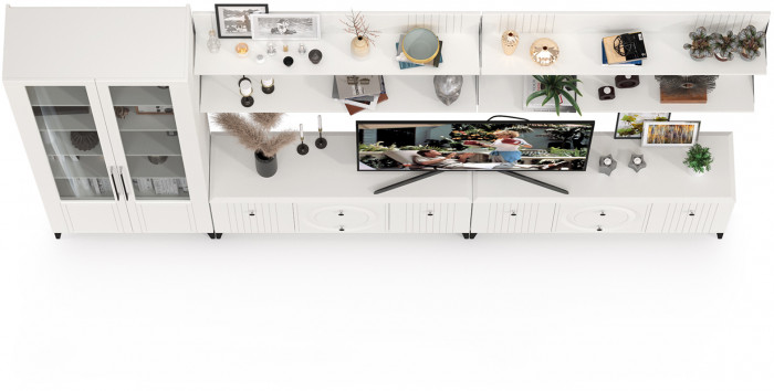 Валенсия Гостиная № 084, цвет ЛДСП белый шагрень/МДФ белый шагрень, ШхГхВ 350,3х38,3х225,2 см., универсальная сборка