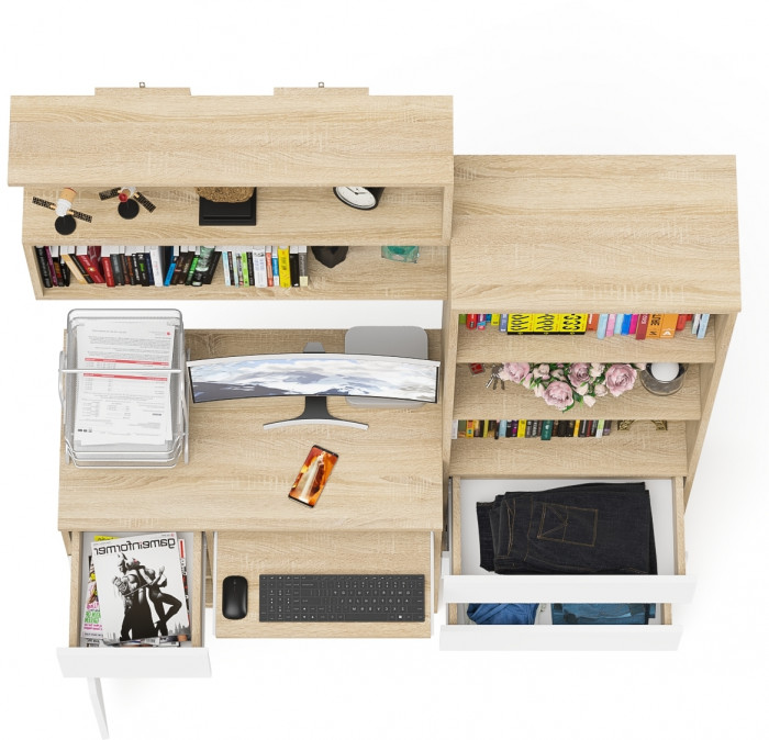 Мори компьютерный стол МС-1 левый + Стеллаж МСТ600.3 + Полка 900, дуб сонома/белый