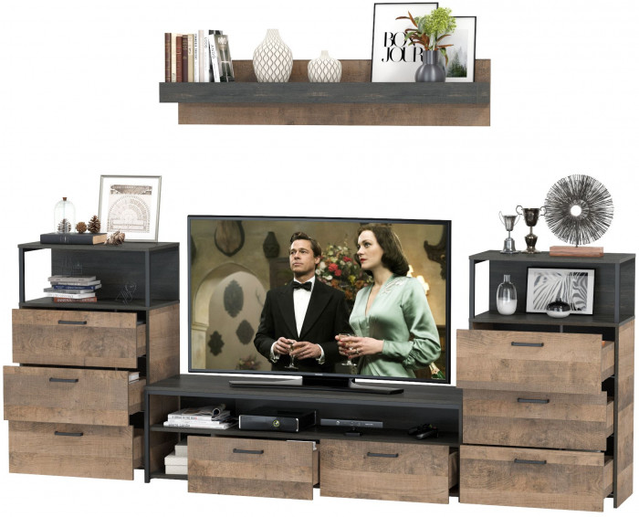 Трувор 13.70 Тумба под ТВ + 13.307.02 Комод + 13.307.02 Комод + 15.60 Полка, цвет дуб гранж песочный/интра, ШхГхВ 281,8х45,4х195 см., универс. сборка