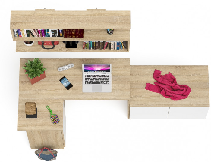 Мори Стол компьютерный МС-16 левый + Тумба МА900.1 + Полка 1200, цвет дуб сонома/белый, ШхГхВ 214,8х84,9х209,6 см., НЕ универсальная сборка