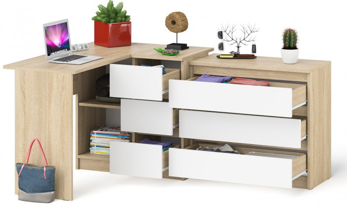 Мори Стол компьютерный МС-16 правый + Комод МК800.1, цвет дуб сонома/белый, ШхГхВ 204,8х84,9х76,6 см., выдвижные ящики справа, НЕ универсальная сборка