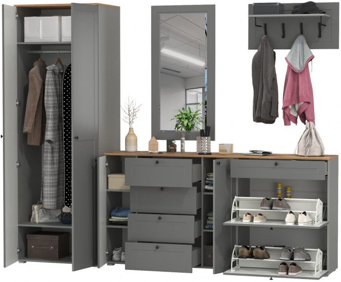 Остин Прихожая 59, цвет серый графит/дуб крафт золотой, ШхГхВ 280х54,3х229,6 см., универсальная сборка