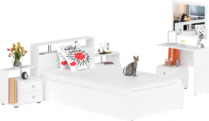 Камелия спальня № 6 Кровать 1200 + Две тумбы + Стол косметический + Зеркало, белый