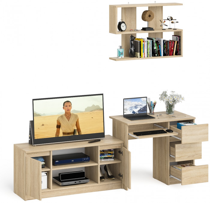 Мори компьютерный стол МС-6 правый + Тумба МТВ1200.1 + Полка 900, дуб сонома
