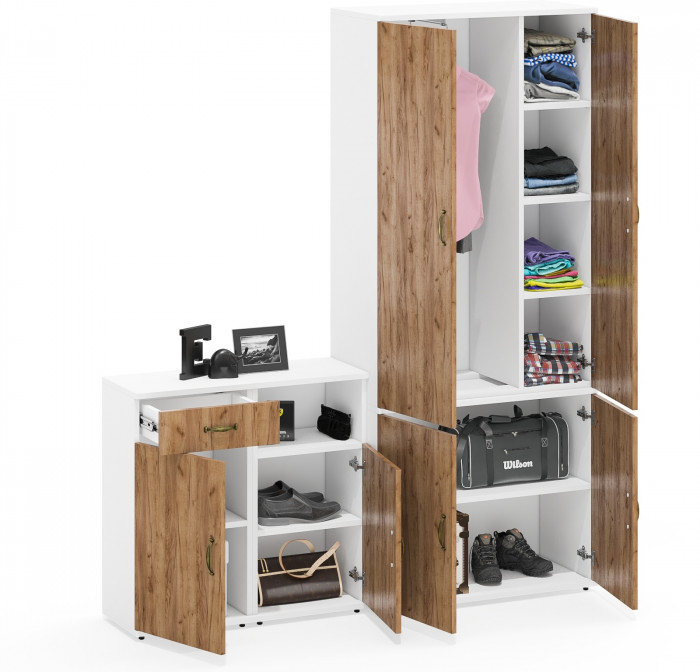 Лидер-8 Шкаф МД 20Б + Тумба МД 3.15 + Тумба МД 3.19, цвет белый шагрень/крафт золото, ШхГхВ 160х37,5х190 см., НЕ универсальная сборка