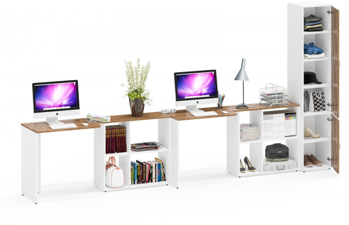 Лидер-8 Стол + Стол + Пенал МД 22Б, цвет белый шагрень/крафт золото, ШхГхВ 370х50/37,5х75/190 или 230х120/50х75/190 см., НЕ универсальная сборка