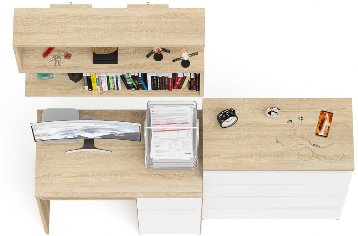 Мори Стол компьютерный МС-1 правый + Комод МК800.4 + Полка 900, цвет дуб сонома/белый, ШхГхВ 170,4х50х209,6 см., НЕ универсальная сборка