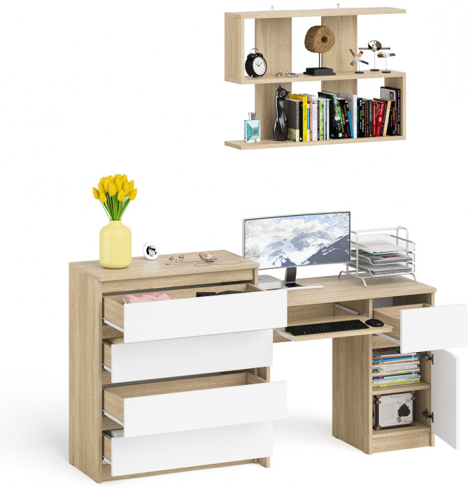 Мори Стол компьютерный МС-1 правый + Комод МК800.4 + Полка 900, цвет дуб сонома/белый, ШхГхВ 170,4х50х209,6 см., НЕ универсальная сборка