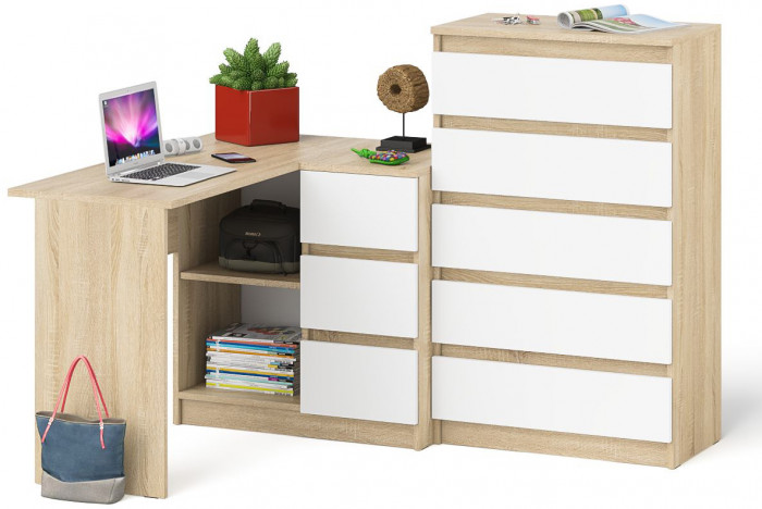 Мори Стол компьютерный МС-16 правый + Комод МК700.5, цвет дуб сонома/белый, ШхГхВ 194,8х84,9х114 см., выдвижные ящики справа, НЕ универс. сборка