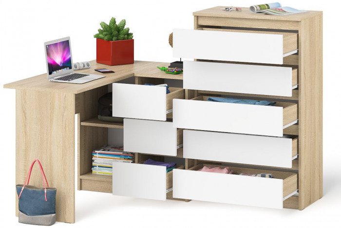 Мори Стол компьютерный МС-16 правый + Комод МК700.5, цвет дуб сонома/белый, ШхГхВ 194,8х84,9х114 см., выдвижные ящики справа, НЕ универс. сборка