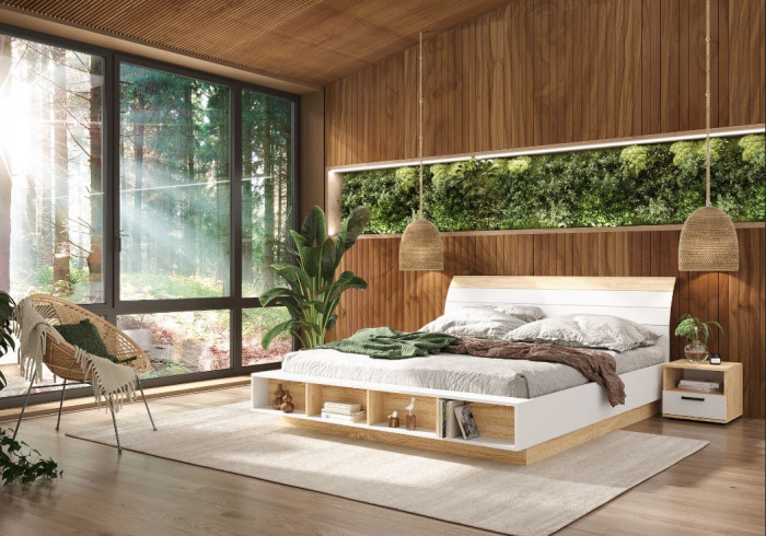 САНСА КР-03 Кровать 1.8х2.0 Фасад ДУБ СОНОМА/Корпус БЕЛЫЙ,ДУБ СОНОМА