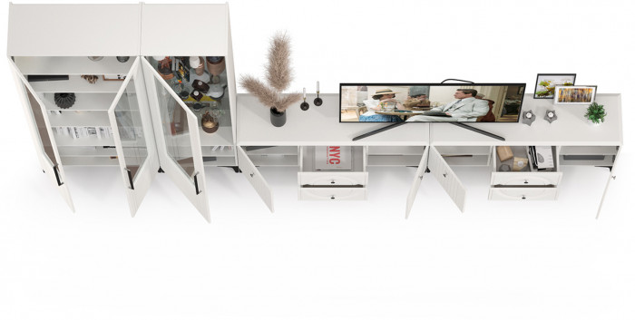 Валенсия Гостиная № 085, цвет ЛДСП белый шагрень/МДФ белый шагрень, ШхГхВ 405,3х38,3х225,2 см., универсальная сборка