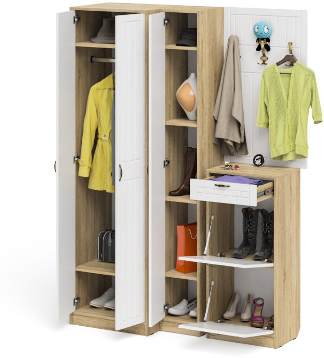 Прихожая П-6 Компоновка № 30, цвет дуб сонома/фасады МДФ белое дерево фрезеровка прованс, ШхГхВ 150х50х210 см., универсальная сборка