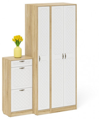 Прихожая П-6 Компоновка № 48, цвет дуб сонома/фасады МДФ белое дерево фрезеровка ромб, ШхГхВ 140х50х210 см., универсальная сборка