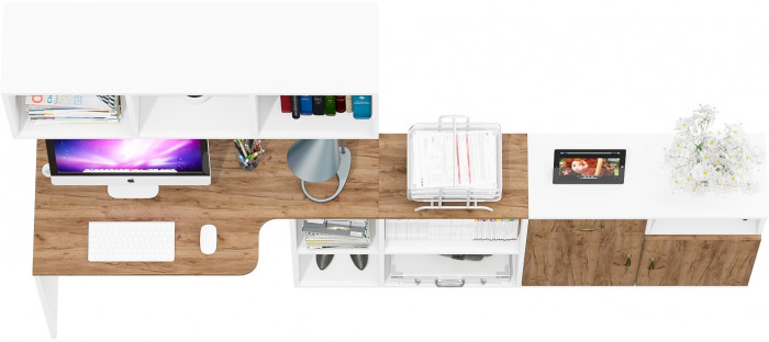 Лидер-8 Стол + Полка + Тумба МД 3.15 + Тумба МД 3.19, белый шагрень/крафт золото