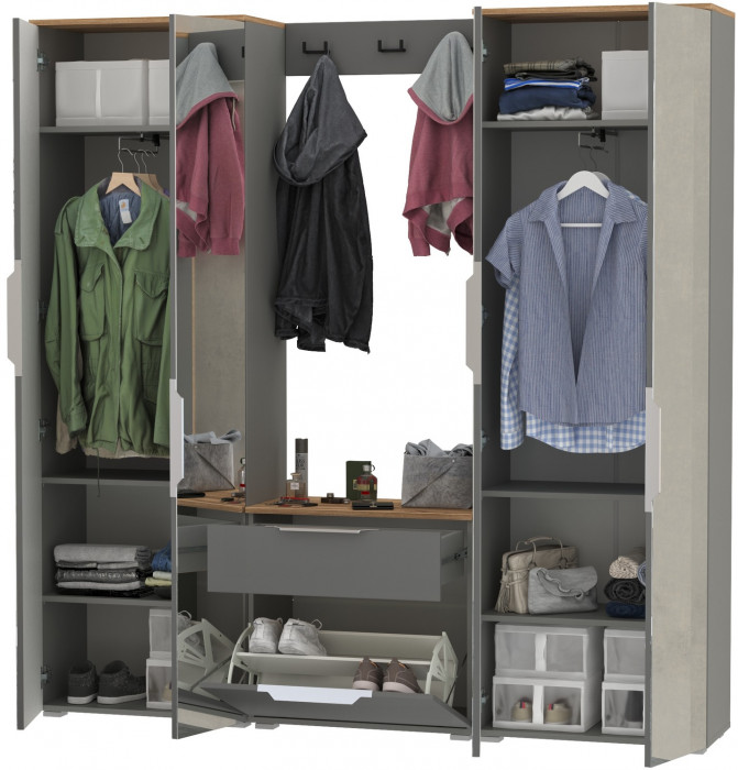 Октава Прихожая 26, цвет серый графит/дуб крафт золотой/фасады МДФ серый графит, ШхГхВ 193,7х35,4х197,6 см., универсальная сборка