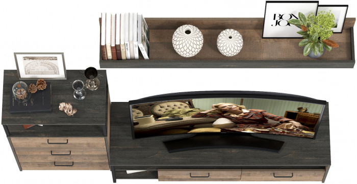 Трувор 13.70 Тумба под ТВ + 13.307.02 Комод с ящиками + 15.60 Полка, цвет дуб гранж песочный/интра, ШхГхВ 215,8х45,4х195 см., универсальная сборка