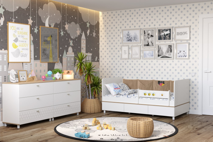 Эйп Детская № 4, цвет белый/дуб белый, сп. м. 800х1600 мм., б/м, основание есть, максимальная нагрузка 80 кг., рекомендуемая высота матраса 120 мм.