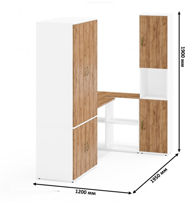 Лидер-8 Шкаф МД 20Б + Стол + Пенал, цвет белый шагрень/крафт золото, ШхГхВ 285х50/37,5х75/190 или 195х120х75/190 см., НЕ универсальная сборка