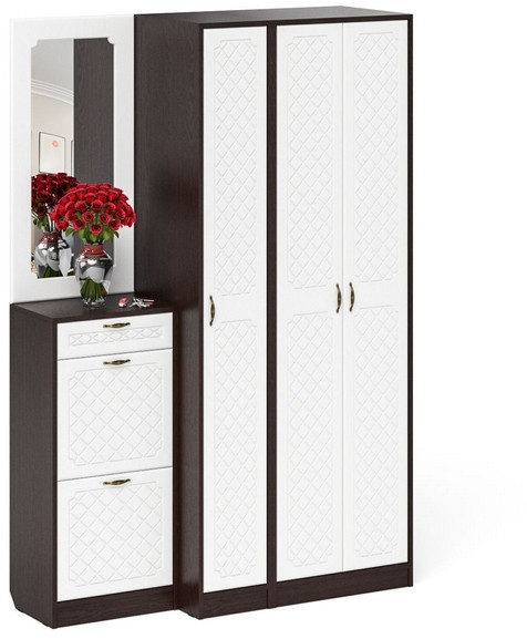 Прихожая П-6 Компоновка № 49, цвет венге/фасады МДФ белое дерево фрезеровка ромб, ШхГхВ 140х50х210 см., универсальная сборка