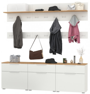 Октава Прихожая 08, цвет белый шагрень/дуб крафт золотой/фасады МДФ белый шагрень, ШхГхВ 194,7х35,4х197 см.