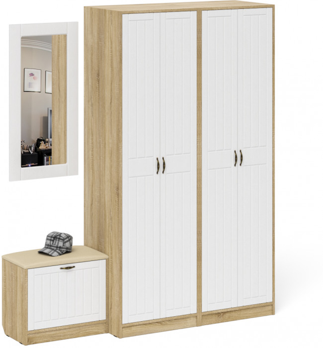 Прихожая П-6 Компоновка № 08, цвет дуб сонома/фасады МДФ белое дерево фрезеровка прованс, ШхГхВ 180х50х210 см., универсальная сборка