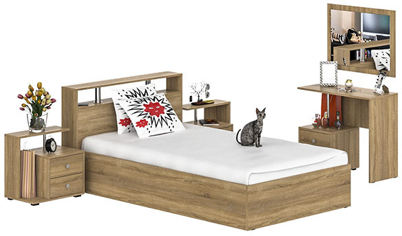 Камелия спальня № 6 Кровать 1200 + Две тумбы + Стол косметический + Зеркало, дуб сонома