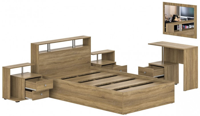 Камелия спальня № 6 Кровать 1200 + Две тумбы + Стол косметический + Зеркало, дуб сонома