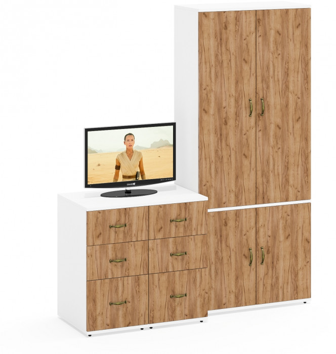 Лидер-8 Шкаф МД 20Б + Тумба МД 3.16 + Тумба МД 3.16, цвет белый шагрень/крафт золото, ШхГхВ 160х50х190 см., НЕ универсальная сборка