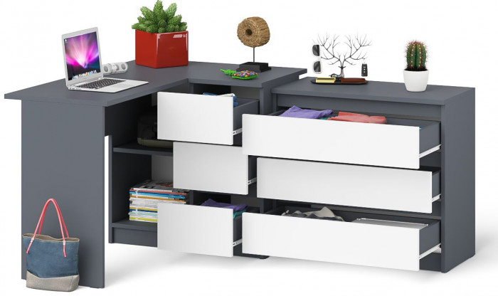Мори Стол компьютерный МС-16 правый + Комод МК800.1, цвет графит/белый, ШхГхВ 204,8х84,9х76,6 см., выдвижные ящики справа, НЕ универсальная сборка