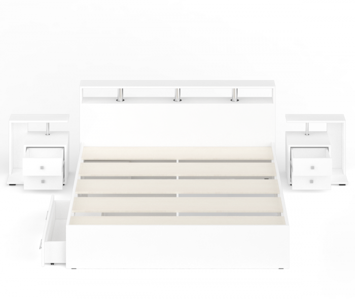 Камелия Кровать с ящиками 1800 + две тумбы, цвет белый, ШхГхВ 296х217х78,2 см., сп.м. 1800х2000 мм., без матраса, основание есть