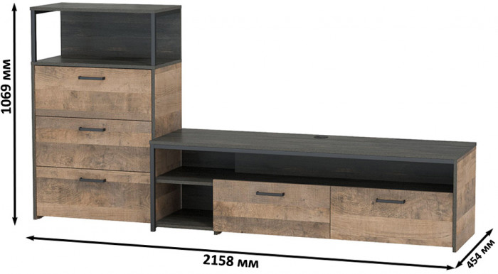 Трувор 13.70 Тумба под ТВ + 13.307.02 Комод с ящиками, цвет дуб гранж песочный/интра, ШхГхВ 215,8х45,4х106,9 см., универсальная сборка